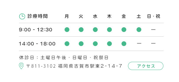 診療時間 9:00-12:30 14:30-18:00 休診日：土曜日午後・日曜日・祝祭日 〒811-3102 福岡県古賀市駅東2-14-7 アクセス